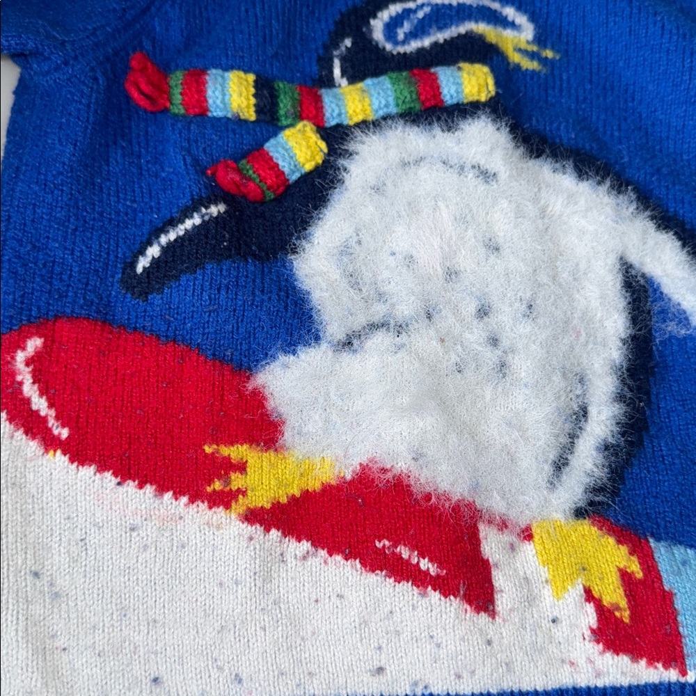 Mini Boden Festive Graphic Crew Sweater-Brillaint Blue Penguin. - Picture 2 of 4